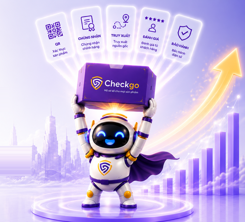 Robot Checkgo nâng hộp sản phẩm cùng các thẻ QR, chứng nhận, truy xuất, đánh giá, bảo hành