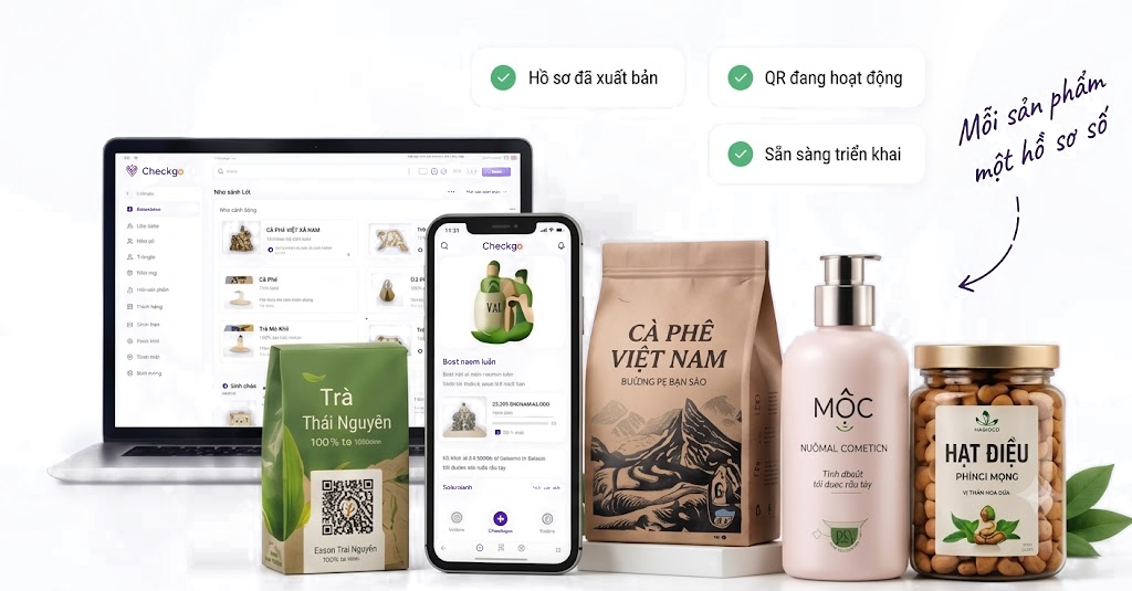 Hồ sơ số sản phẩm trên Checkgo — mỗi sản phẩm một hồ sơ số, QR đang hoạt động, sẵn sàng triển khai