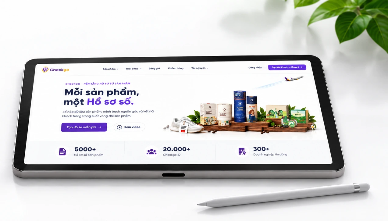 Máy tính bảng hiển thị trang chủ Checkgo bên cạnh các sản phẩm OCOP gắn Hồ sơ số